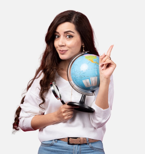 a women holding a globe with a magnifying glass