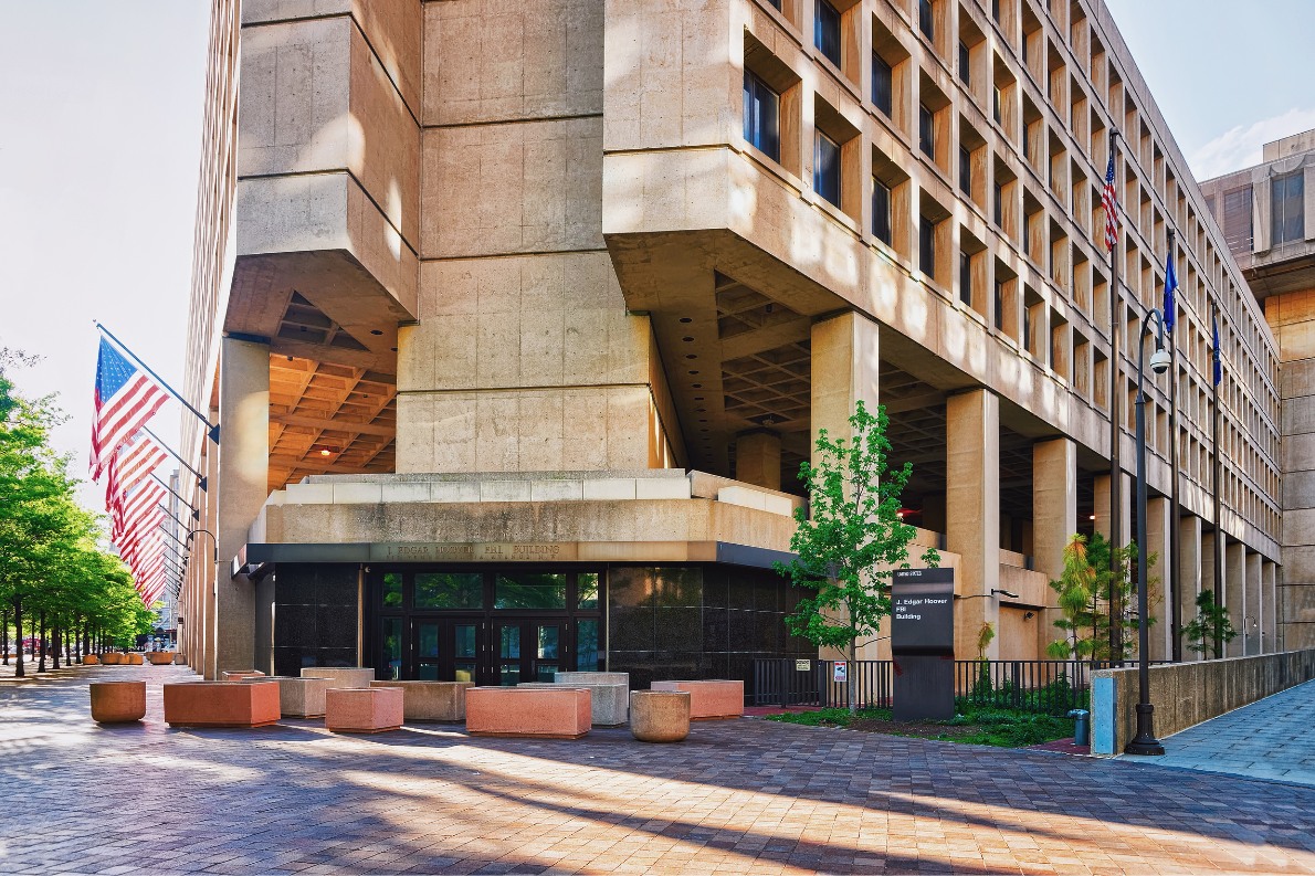 J. edgar hoover building with flags which is located in washington dc, usa.