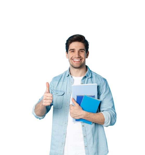 a guy holding books and showing thumbs up