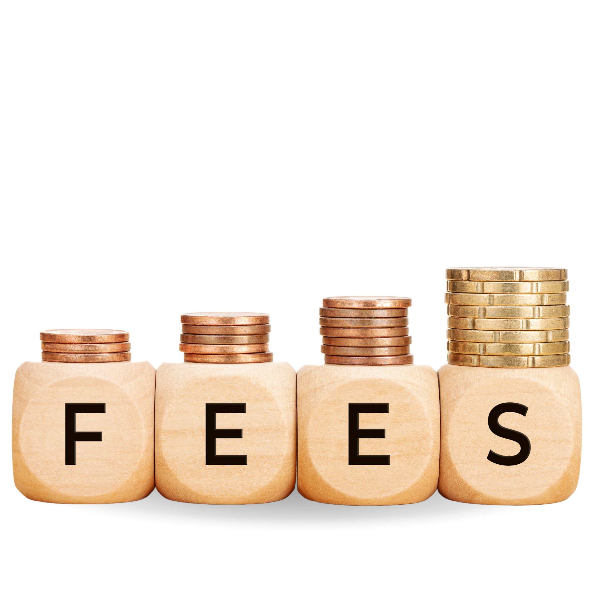 coins on wooden blocks written fees